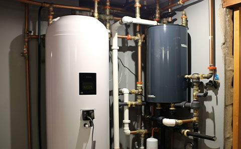 a water cylinder connected to a boiler in a back room